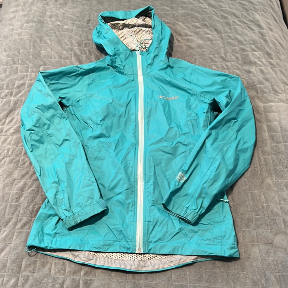 Columbia Hooded Rain Jacket, Nylon, Waterproof, Running, Vented, Teal, Size XS